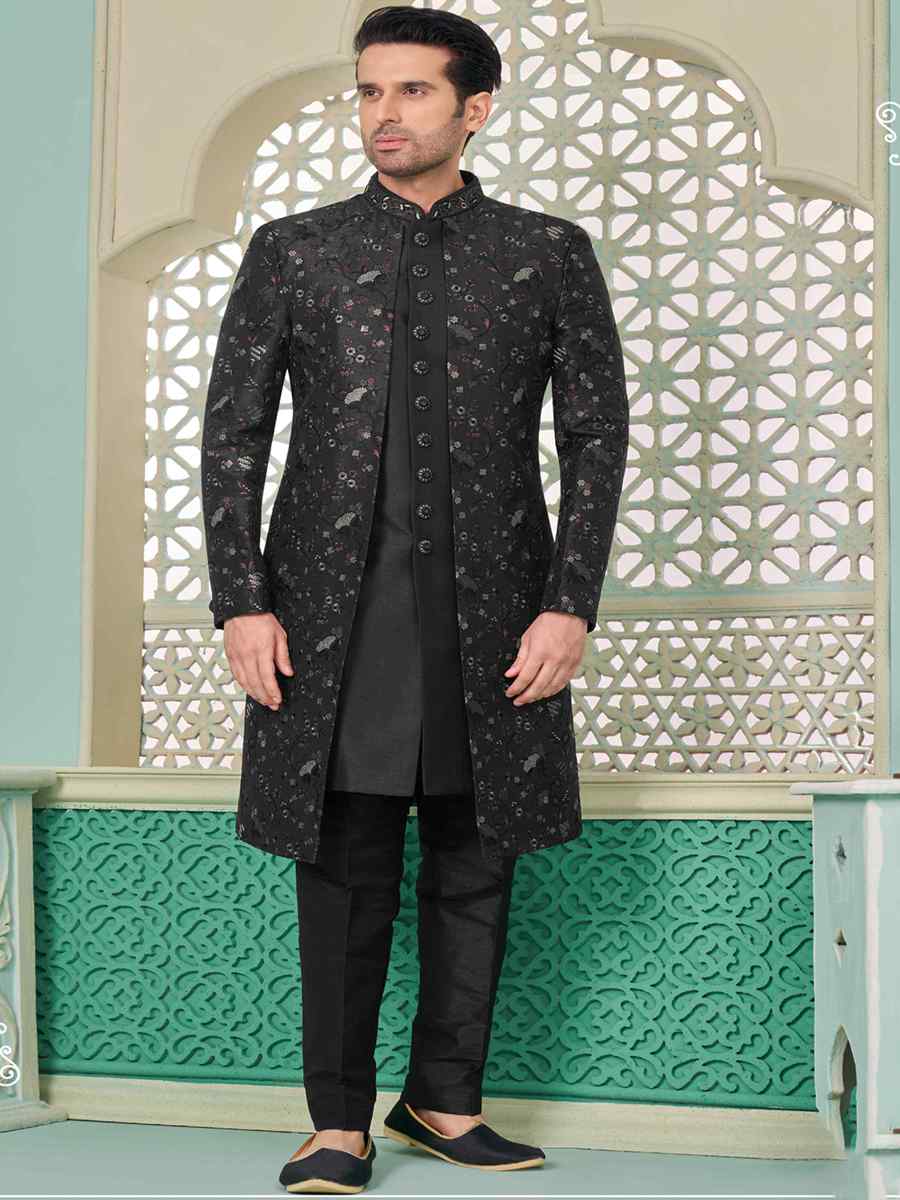 Black Art Banarasi Silk Embroidered Festival Wedding Sherwani