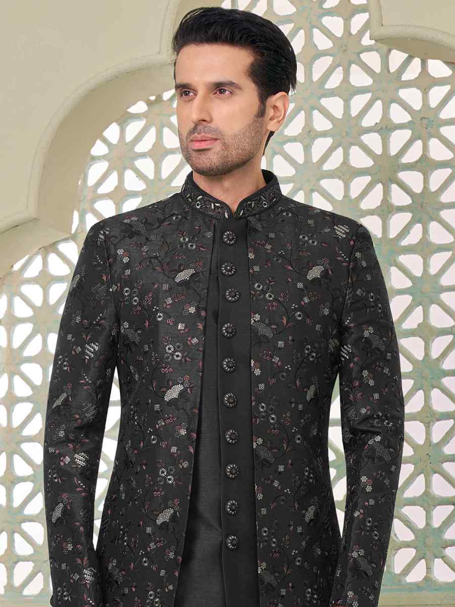 Black Art Banarasi Silk Embroidered Festival Wedding Sherwani