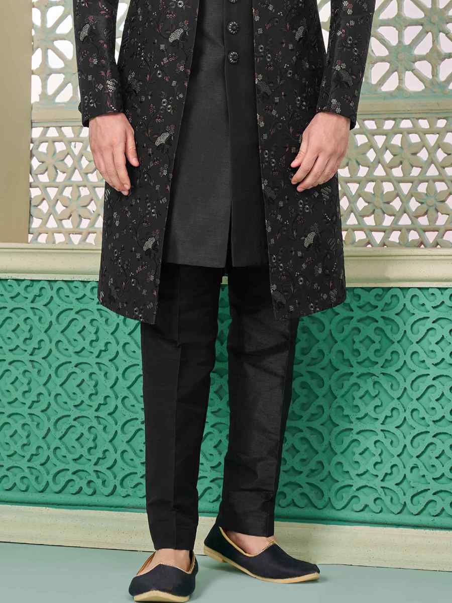 Black Art Banarasi Silk Embroidered Festival Wedding Sherwani