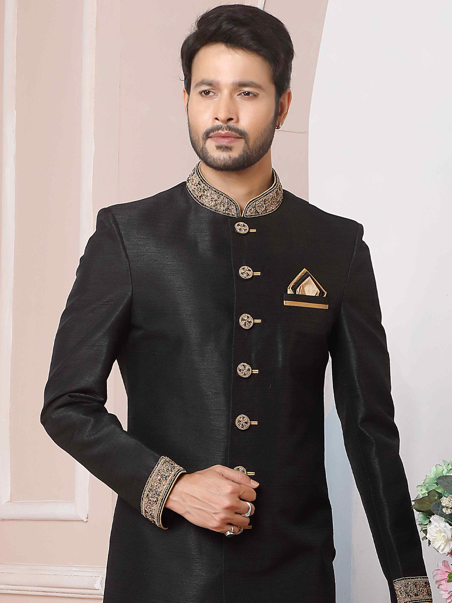 Black Art Banarasi Silk Embroidered Festival Wedding Sherwani