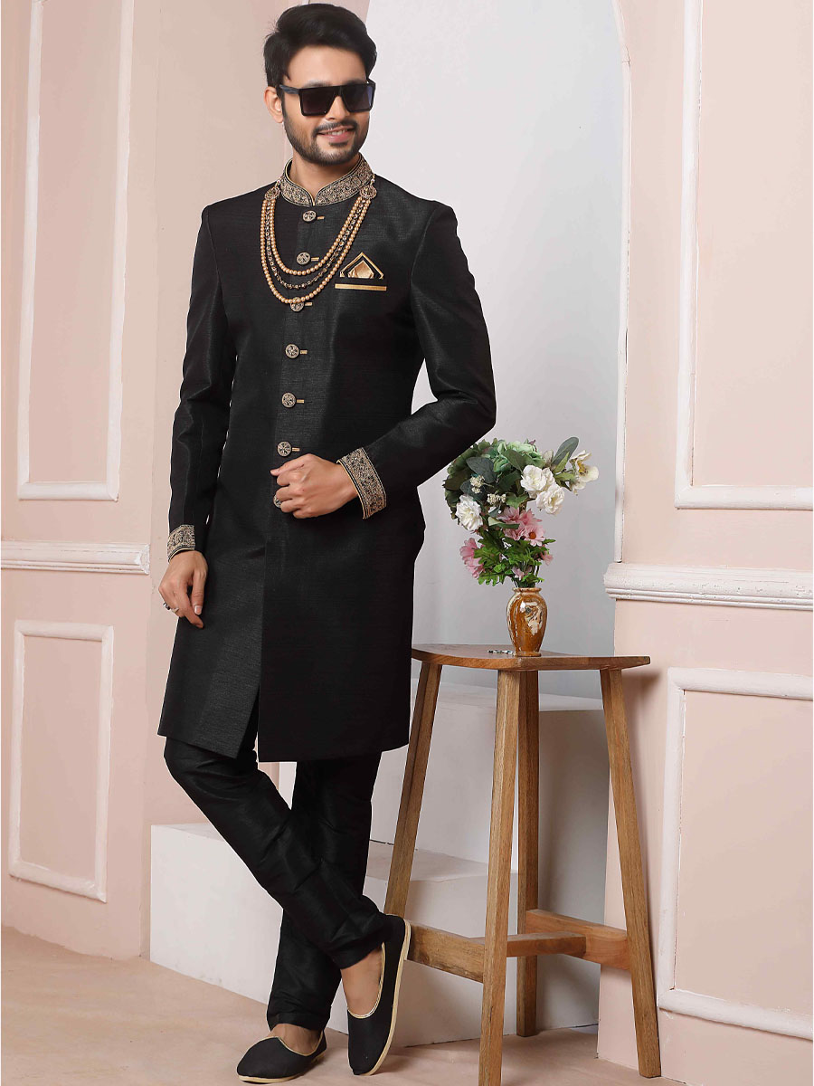 Black Art Banarasi Silk Embroidered Festival Wedding Sherwani