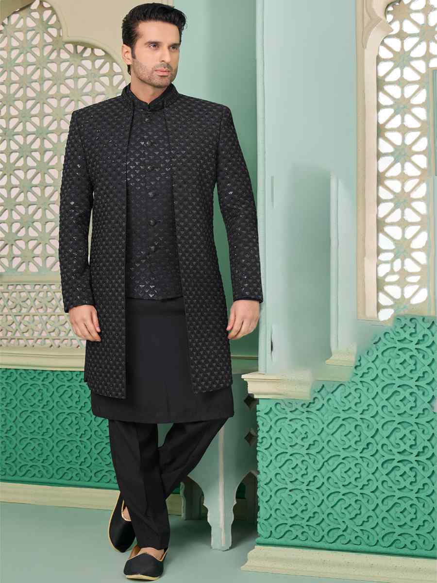 Black Art Banarasi Silk Embroidered Festival Wedding Sherwani