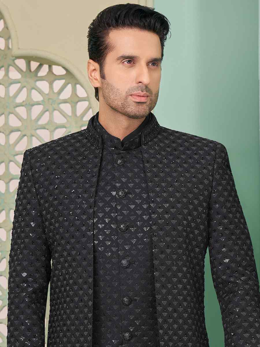 Black Art Banarasi Silk Embroidered Festival Wedding Sherwani