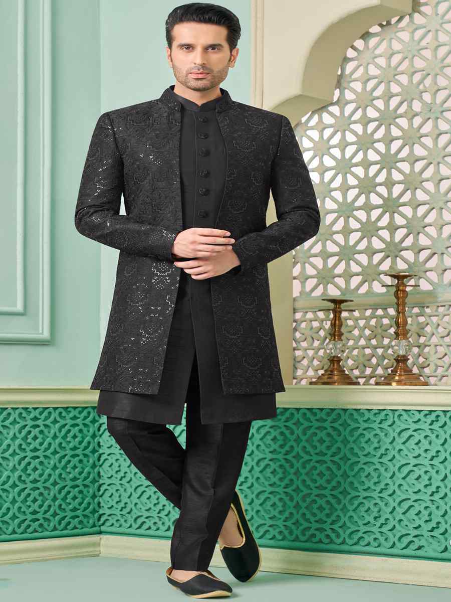 Black Art Banarasi Silk Embroidered Festival Wedding Sherwani