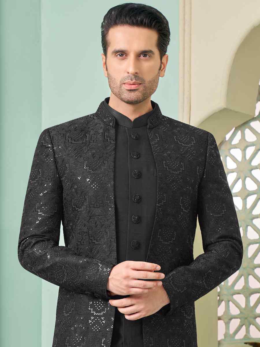 Black Art Banarasi Silk Embroidered Festival Wedding Sherwani