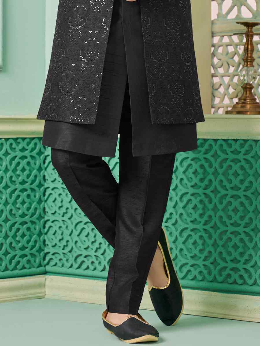 Black Art Banarasi Silk Embroidered Festival Wedding Sherwani