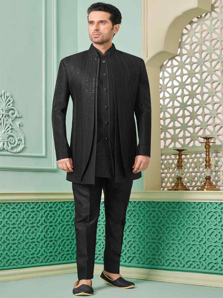 Black Art Banarasi Silk Embroidered Festival Wedding Sherwani