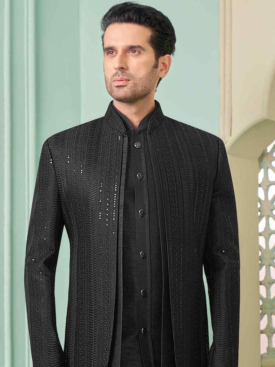 Black Art Banarasi Silk Embroidered Festival Wedding Sherwani