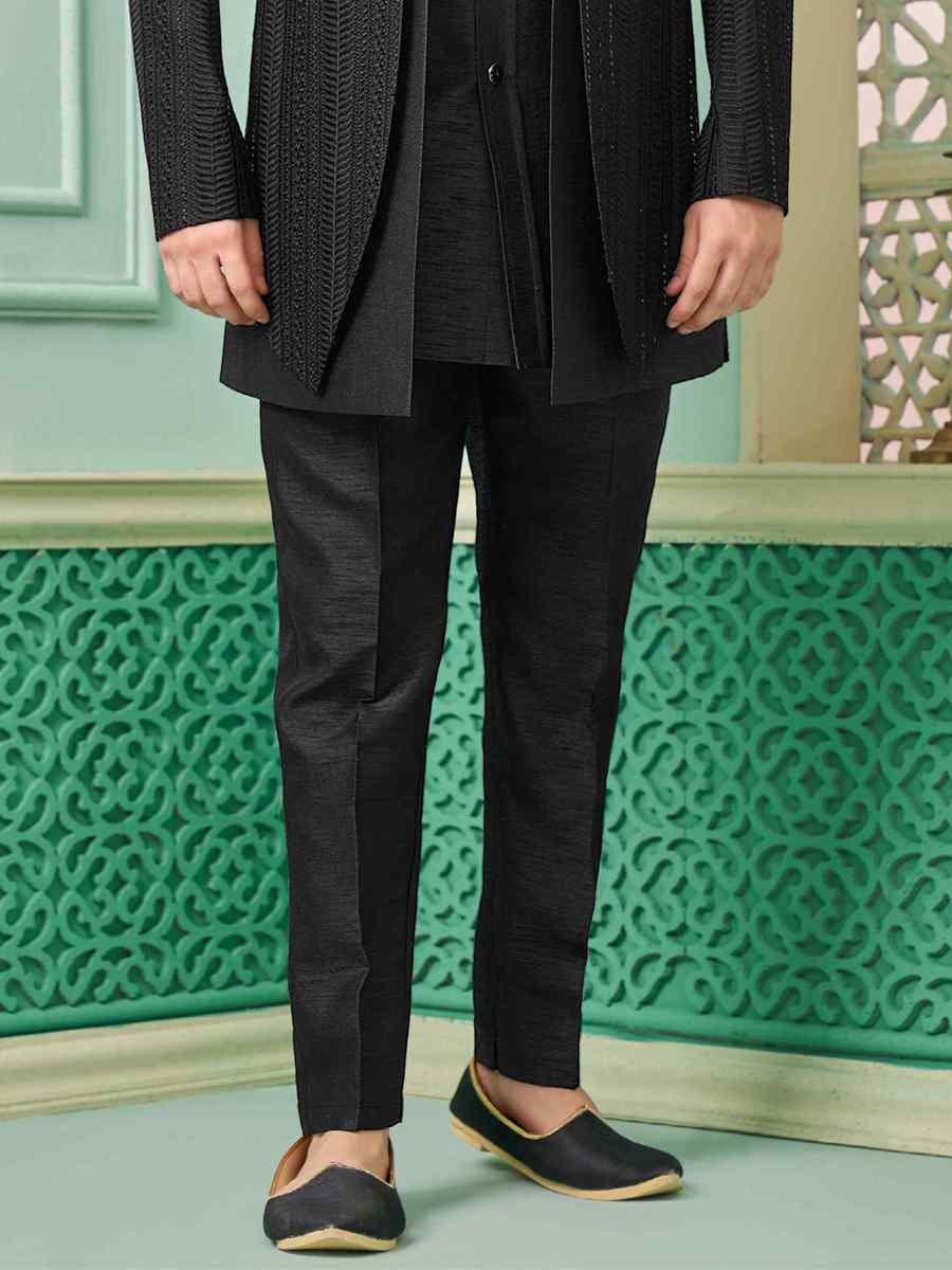 Black Art Banarasi Silk Embroidered Festival Wedding Sherwani