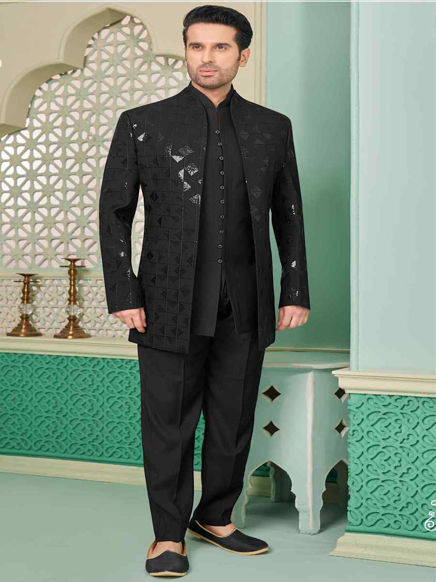 Black Art Banarasi Silk Embroidered Festival Wedding Sherwani