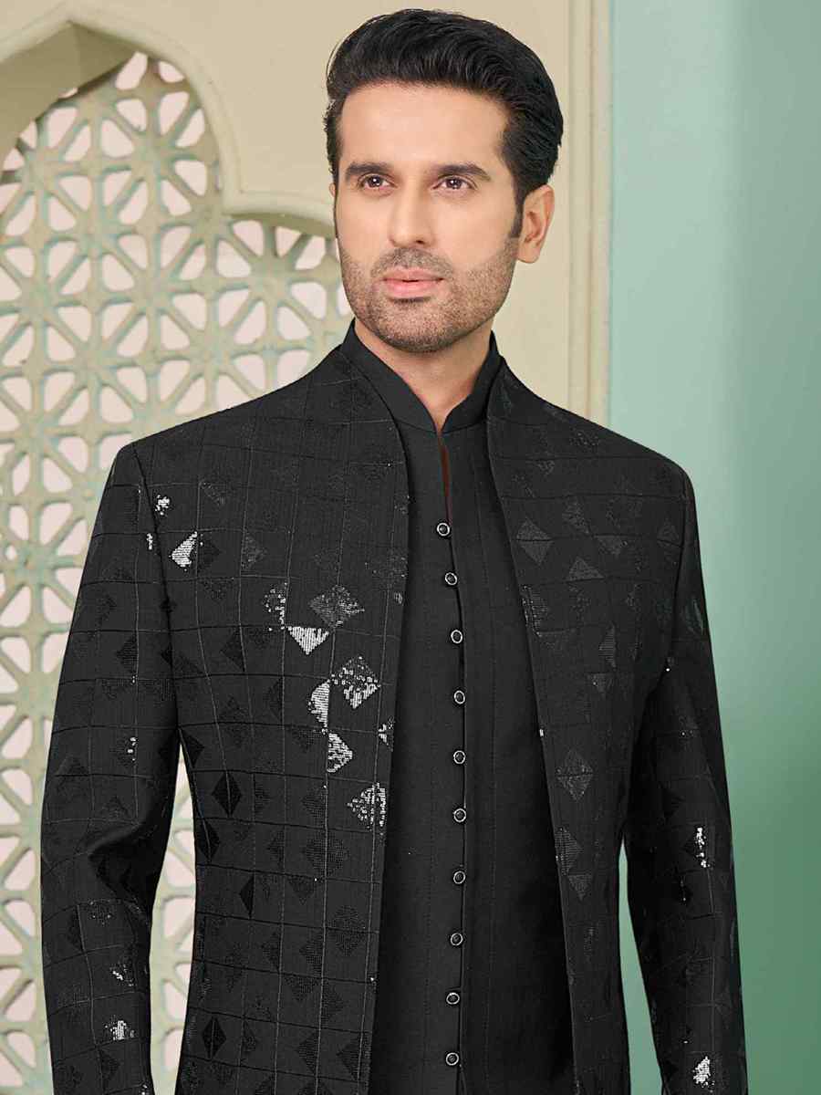 Black Art Banarasi Silk Embroidered Festival Wedding Sherwani