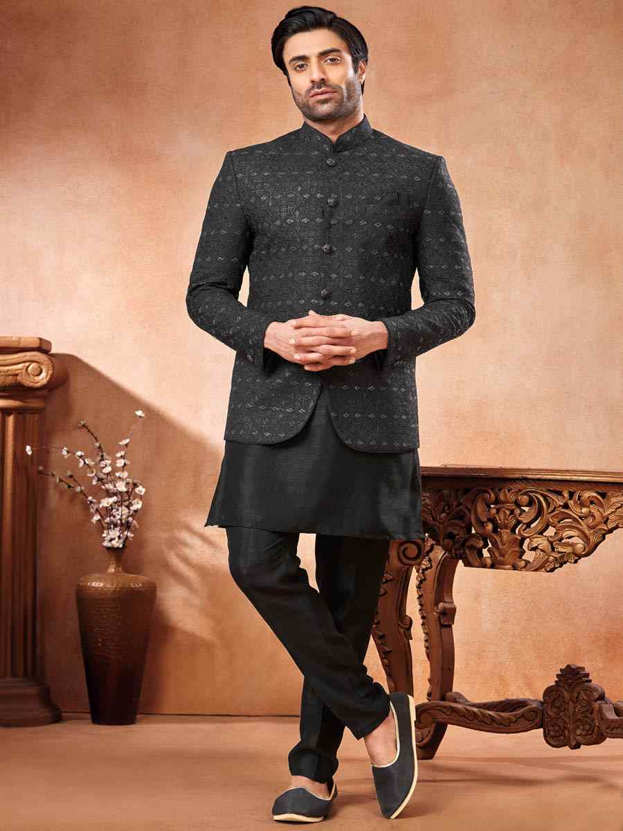 Black Art Banarasi Silk Embroidered Party Wedding Jodhpuri Sherwani