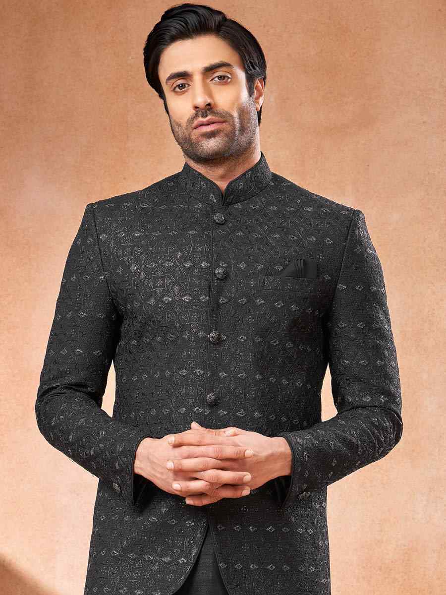Black Art Banarasi Silk Embroidered Party Wedding Jodhpuri Sherwani