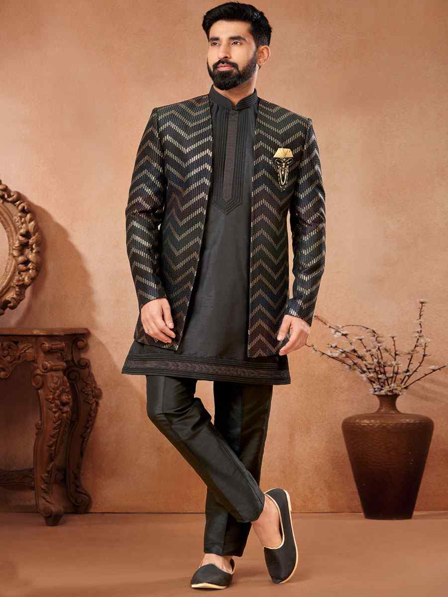 Black Art Banarasi Silk Embroidered Party Wedding Jodhpuri Sherwani