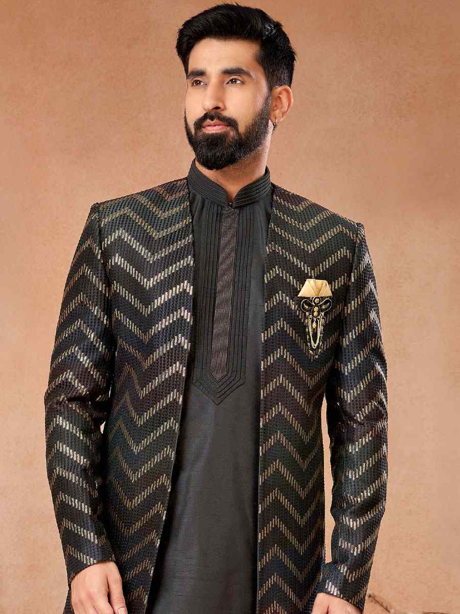 Black Art Banarasi Silk Embroidered Party Wedding Jodhpuri Sherwani