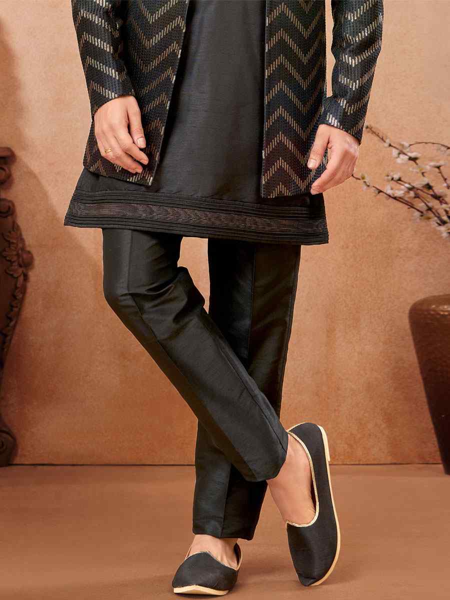 Black Art Banarasi Silk Embroidered Party Wedding Jodhpuri Sherwani