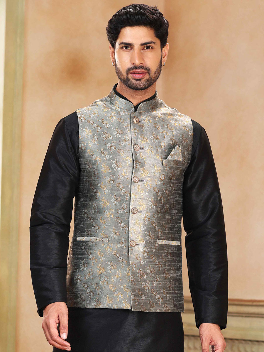 Black Art Banarasi Silk Printed Festival Wedding Kurta