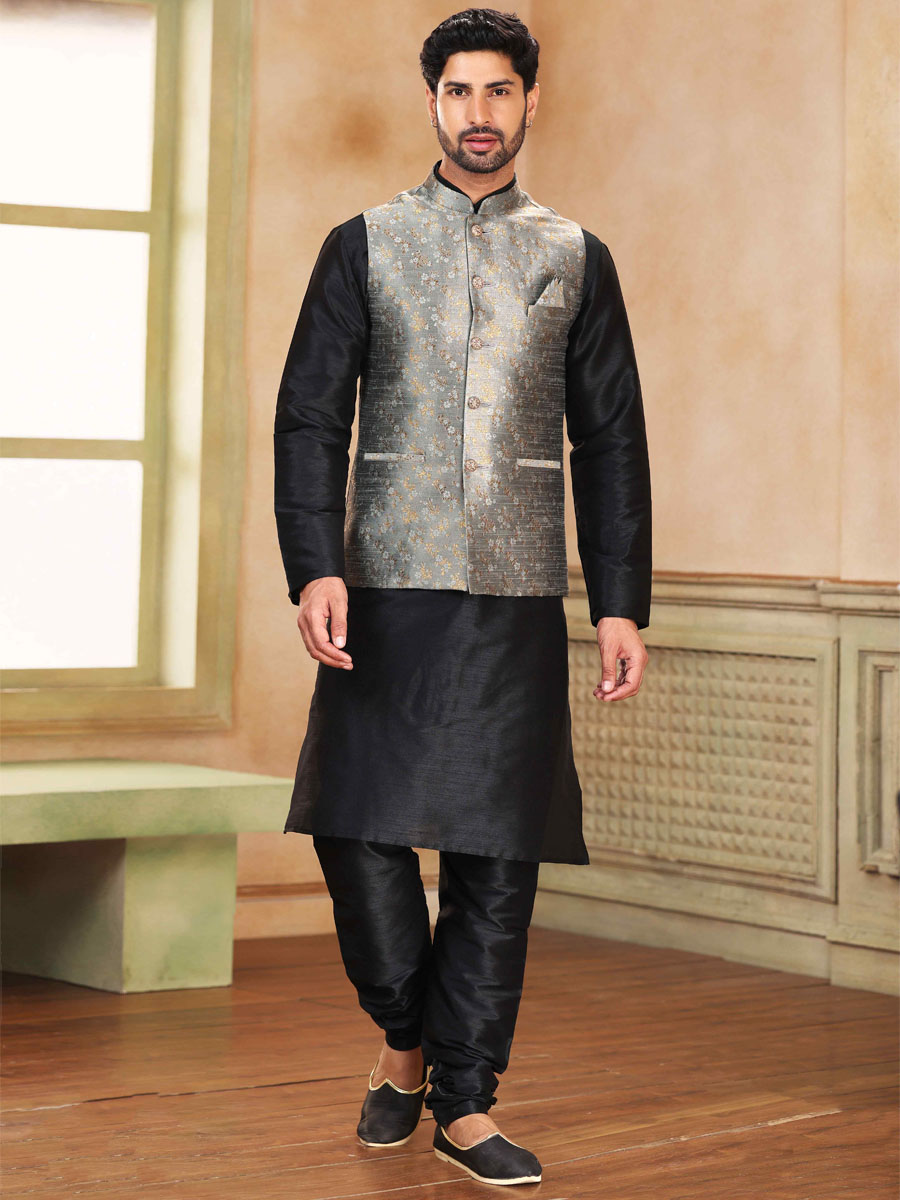 Black Art Banarasi Silk Printed Festival Wedding Kurta