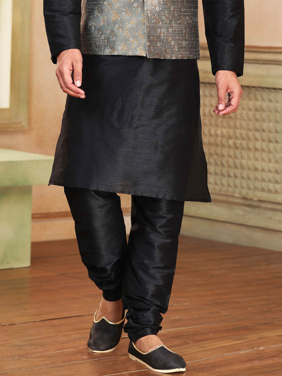 Black Art Banarasi Silk Printed Festival Wedding Kurta