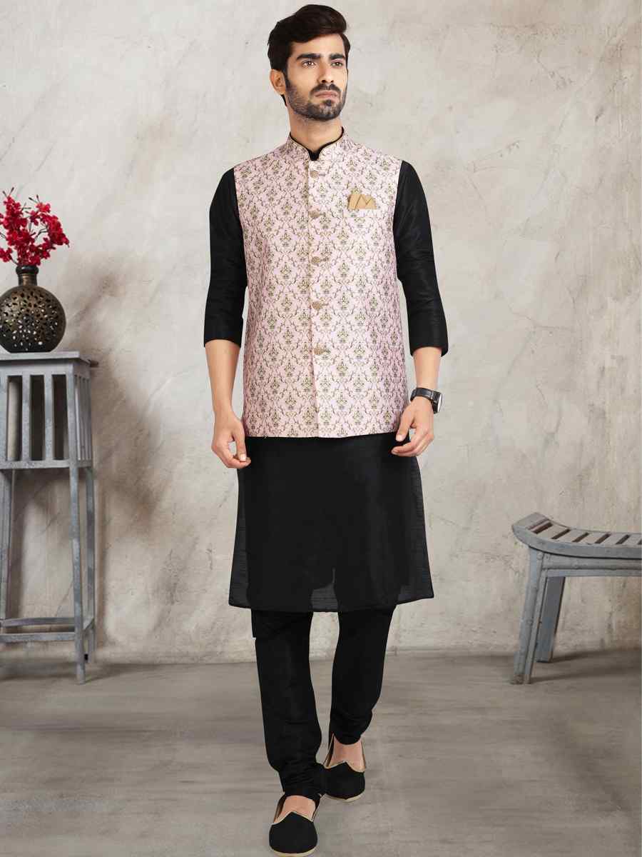 Black Art Banarasi Silk Printed Festival Wedding Sherwani
