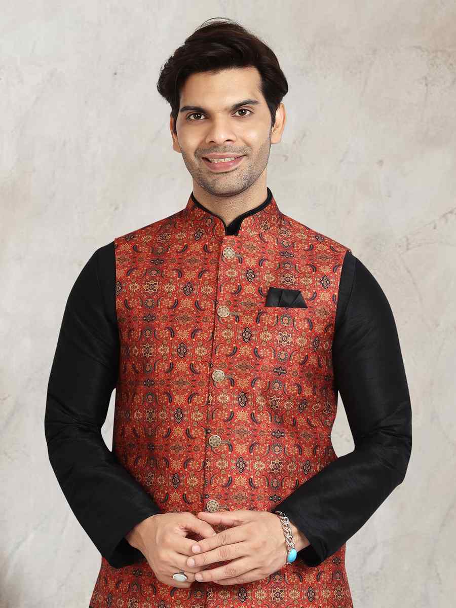 Black Art Banarasi Silk Printed Festival Wedding Sherwani