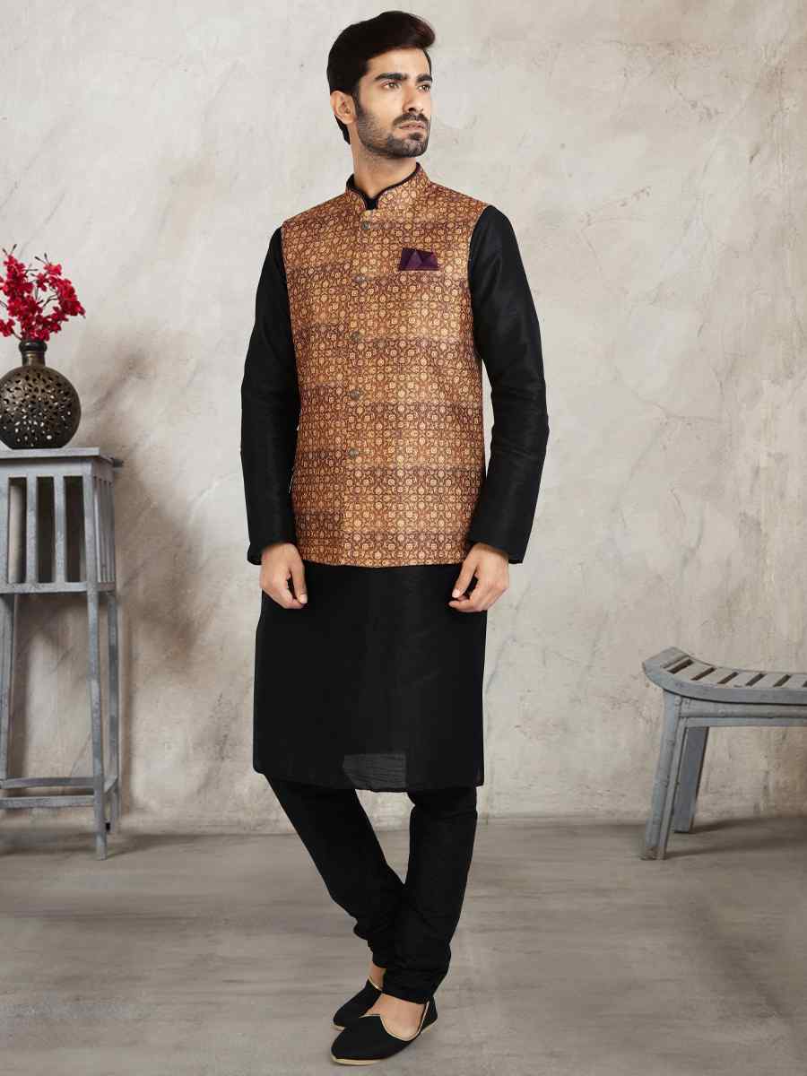 Black Art Banarasi Silk Printed Festival Wedding Sherwani