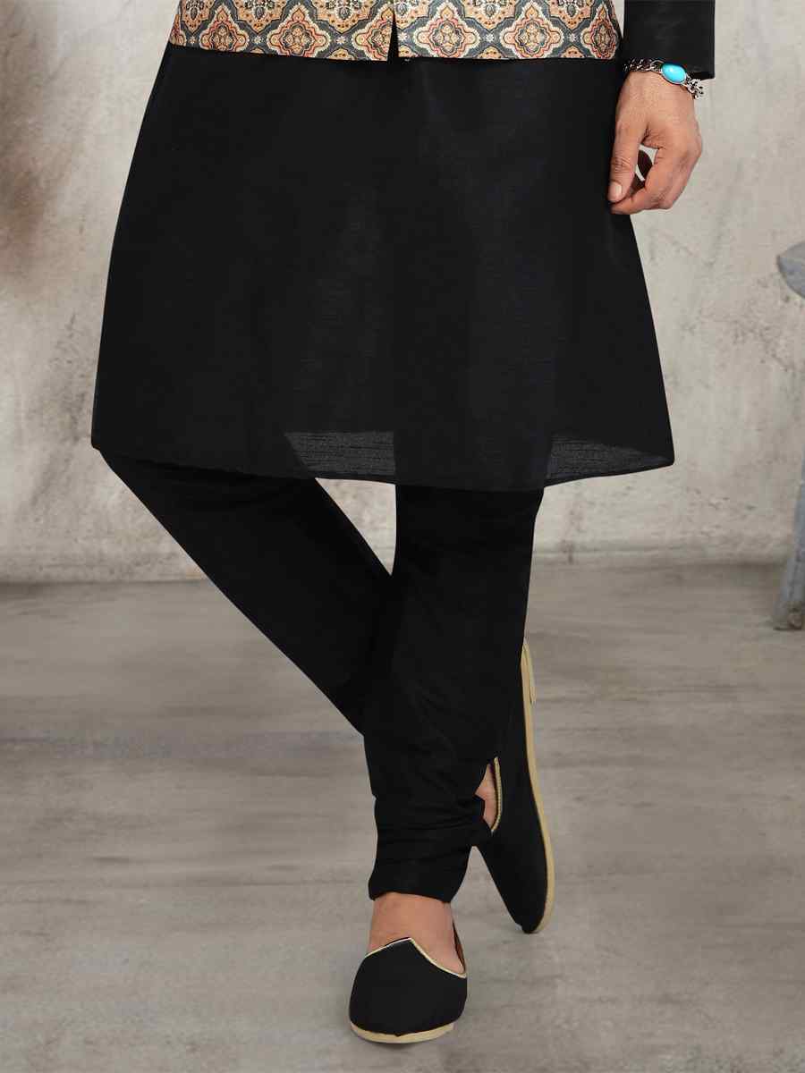 Black Art Banarasi Silk Printed Festival Wedding Sherwani