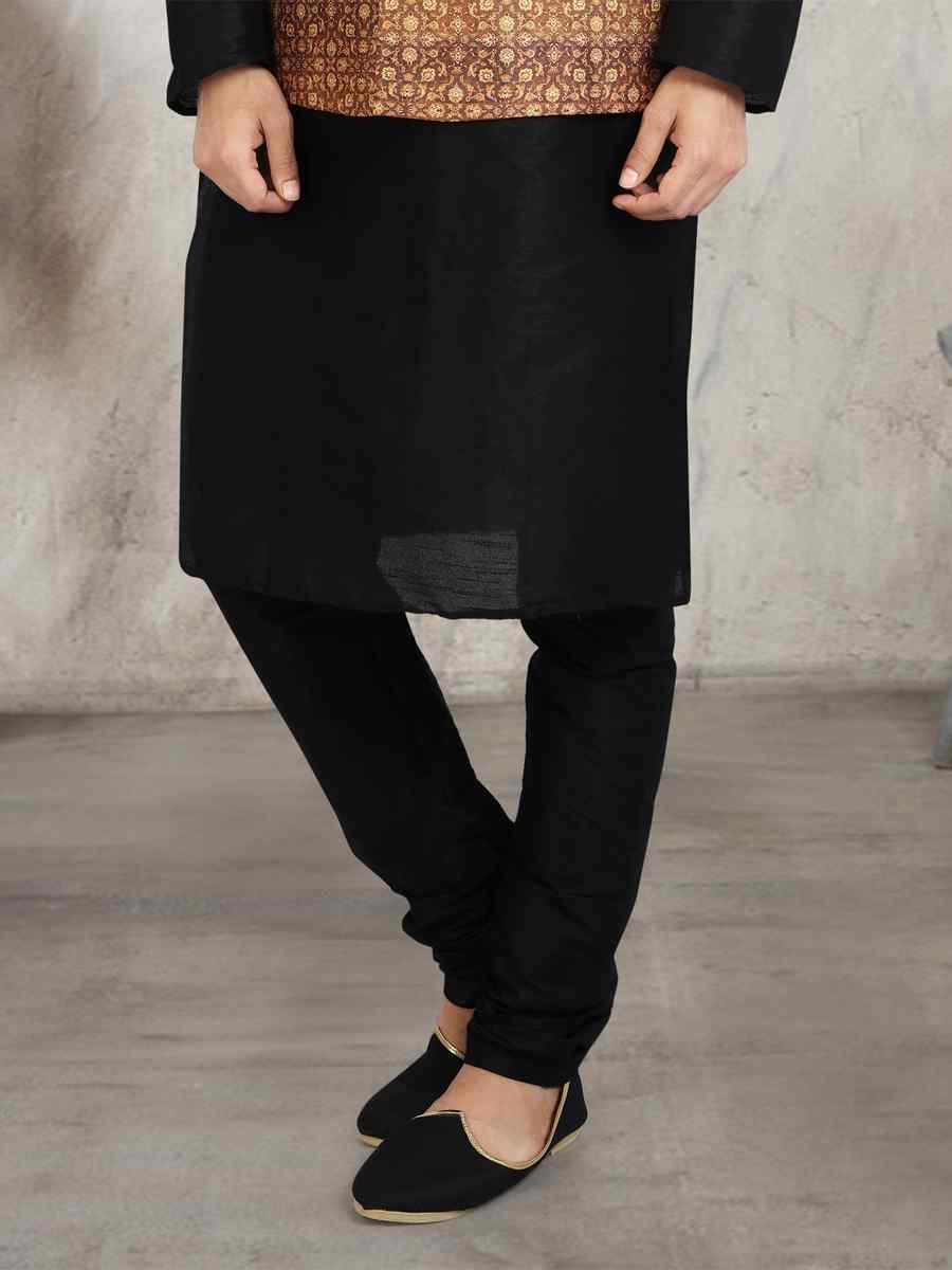 Black Art Banarasi Silk Printed Festival Wedding Sherwani