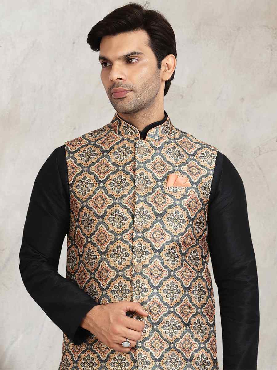 Black Art Banarasi Silk Printed Festival Wedding Sherwani