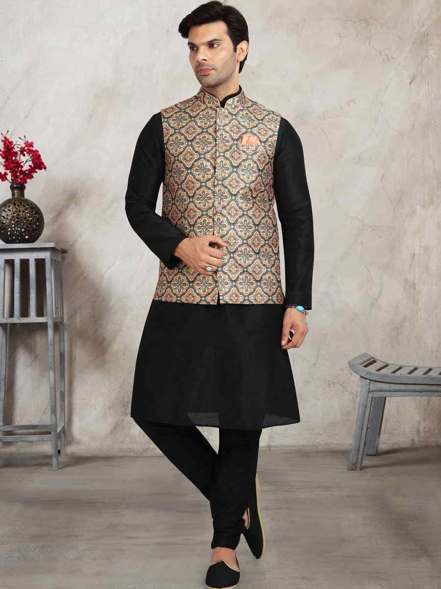 Black Art Banarasi Silk Printed Festival Wedding Sherwani