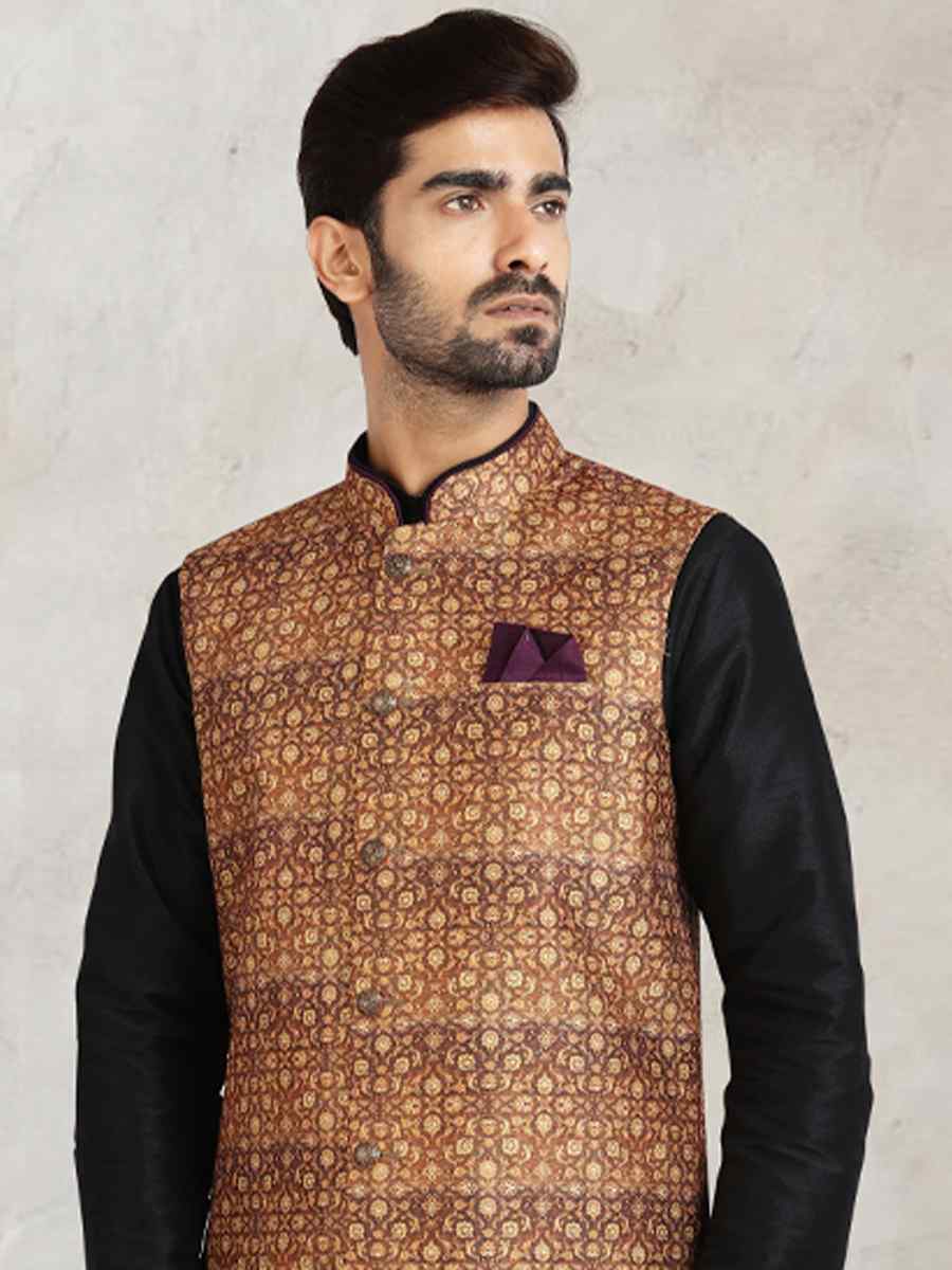 Black Art Banarasi Silk Printed Festival Wedding Sherwani