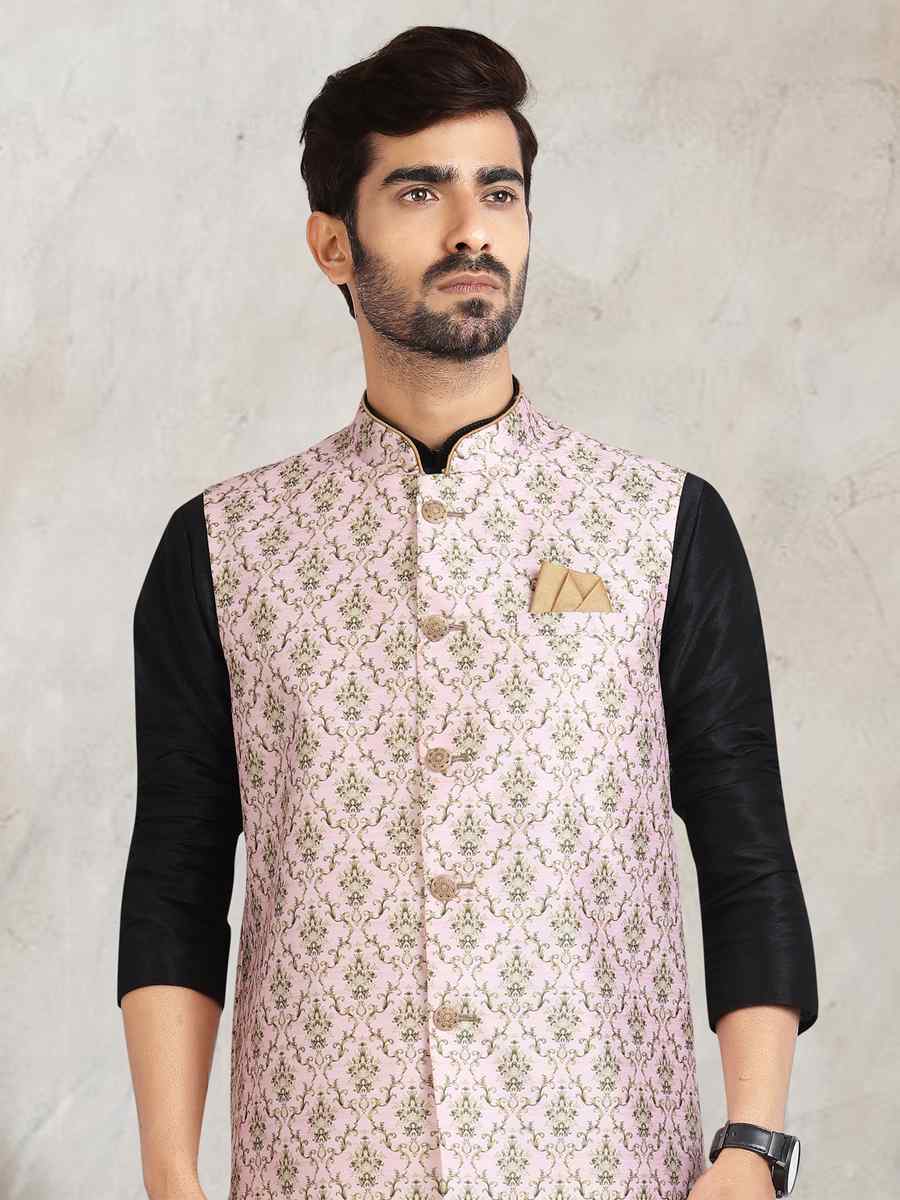 Black Art Banarasi Silk Printed Festival Wedding Sherwani