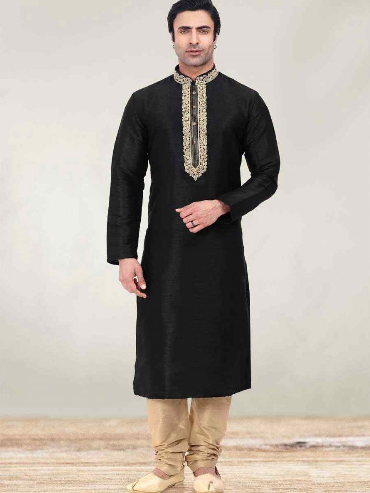 Black Art Banarasi Silk Woven Festival Mehendi Kurta