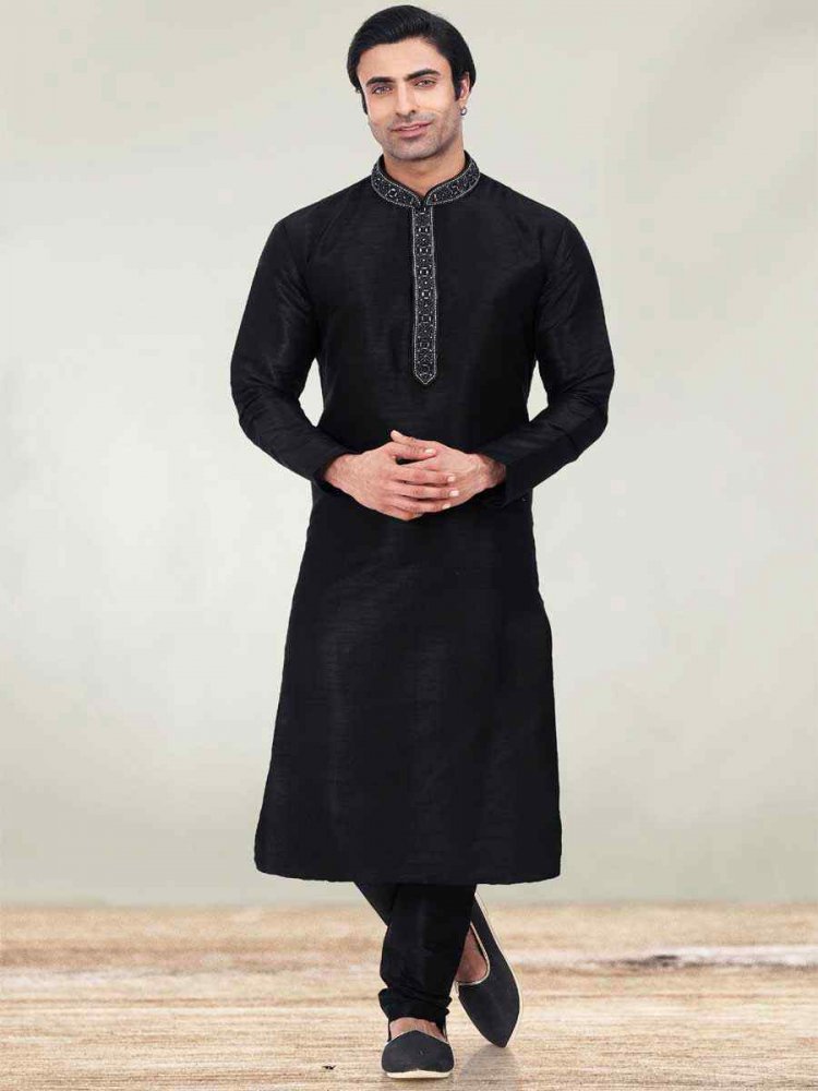 Black Art Banarasi Silk Woven Festival Mehendi Kurta