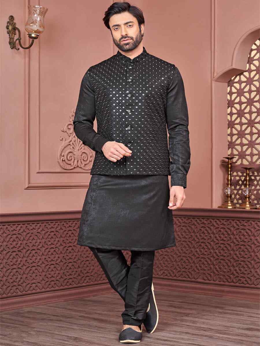 Black Art Banarasi Silk Woven Festival Wedding Kurta