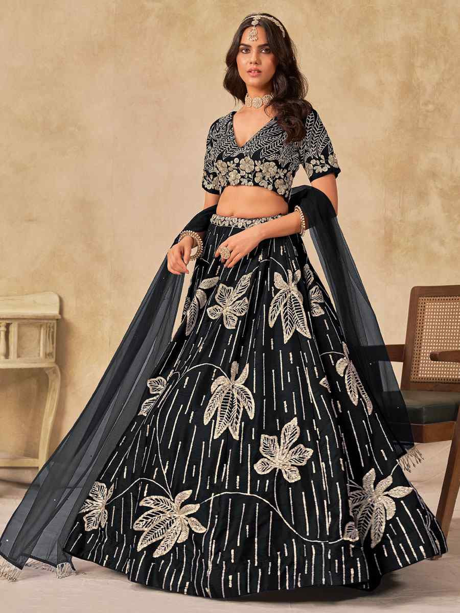 Black Art Silk Embroidered Bridal Wedding Reception Festival Heavy Border Lehenga Choli