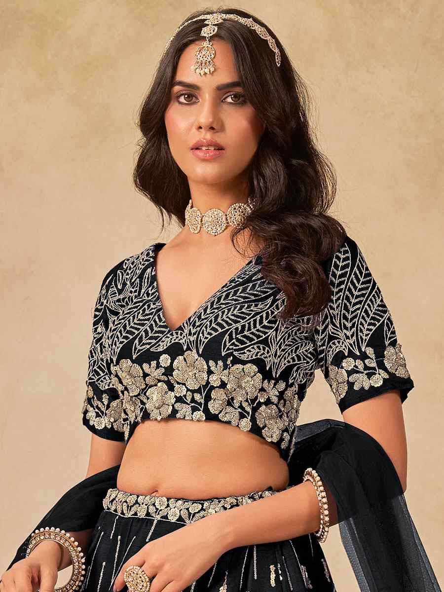 Black Art Silk Embroidered Bridal Wedding Reception Festival Heavy Border Lehenga Choli