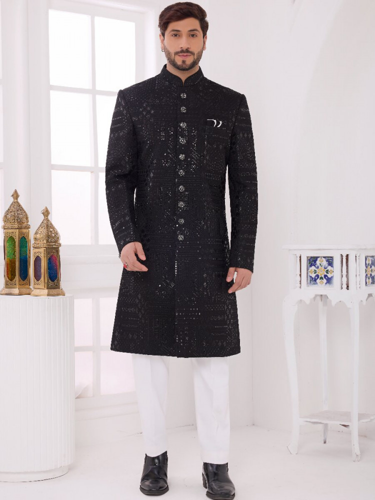 Image of Black Art silk Embroidered Computer Thread work Wedding Party Festival Groom Sherwani