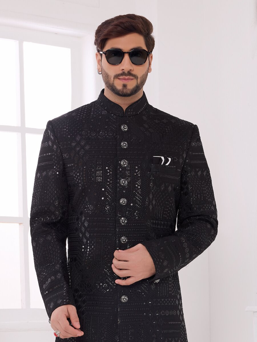 Black Art silk Embroidered Computer Thread work Wedding Party Festival Groom Sherwani