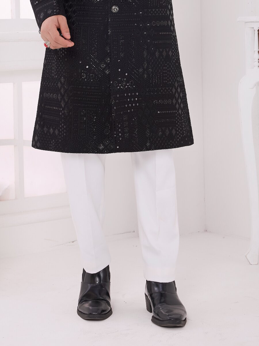 Black Art silk Embroidered Computer Thread work Wedding Party Festival Groom Sherwani