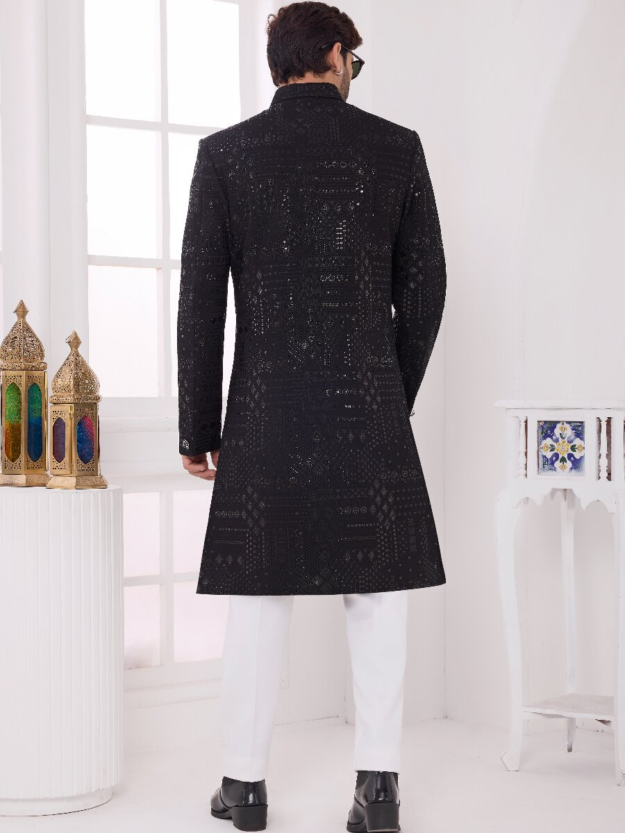 Black Art silk Embroidered Computer Thread work Wedding Party Festival Groom Sherwani
