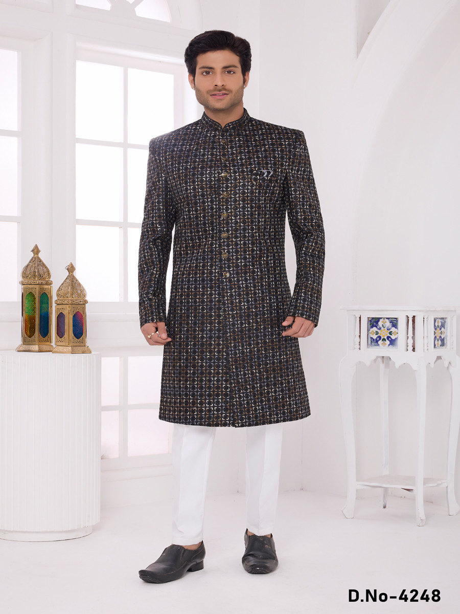 Black Art silk Embroidered Computer Thread work Wedding Party Festival Groom Sherwani