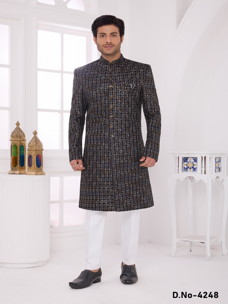 Image of Black Art silk Embroidered Computer Thread work Wedding Party Festival Groom Sherwani