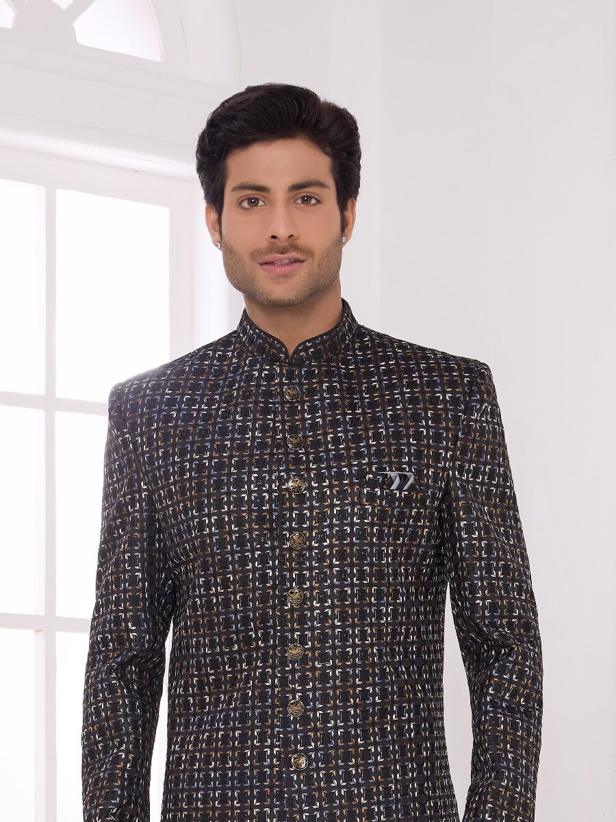 Black Art silk Embroidered Computer Thread work Wedding Party Festival Groom Sherwani