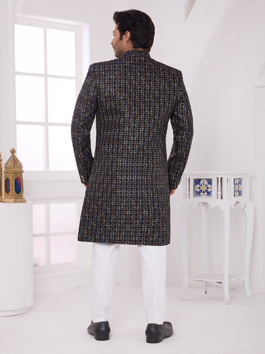 Black Art silk Embroidered Computer Thread work Wedding Party Festival Groom Sherwani