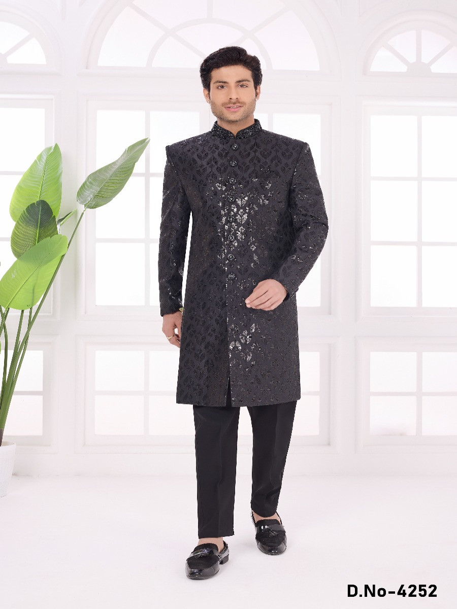 Black Art silk Embroidered Computer Thread work Wedding Party Festival Groom Sherwani