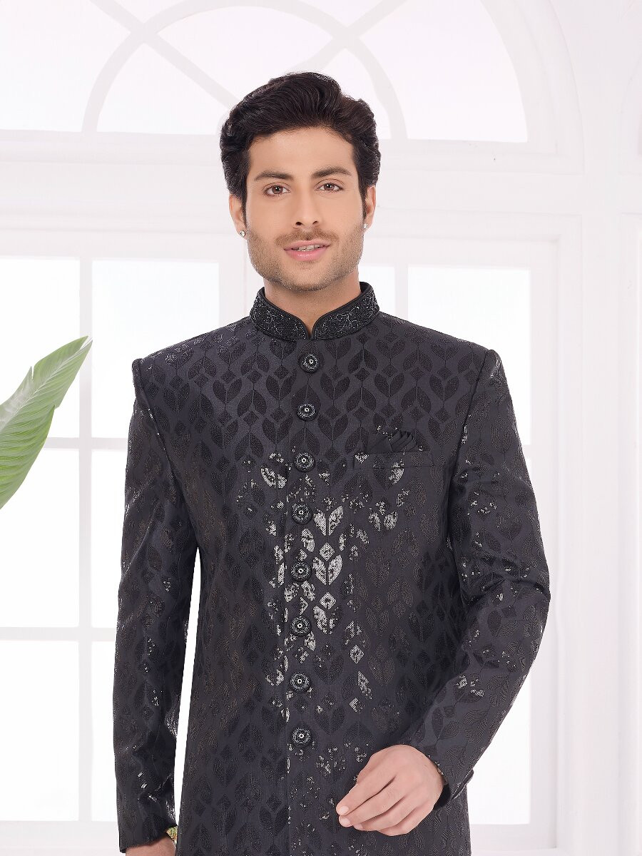 Black Art silk Embroidered Computer Thread work Wedding Party Festival Groom Sherwani