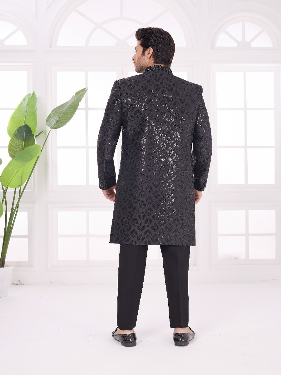 Black Art silk Embroidered Computer Thread work Wedding Party Festival Groom Sherwani