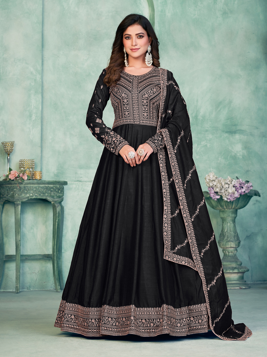 Black Art Silk Embroidered Festival Wedding Anarkali Salwar Kameez