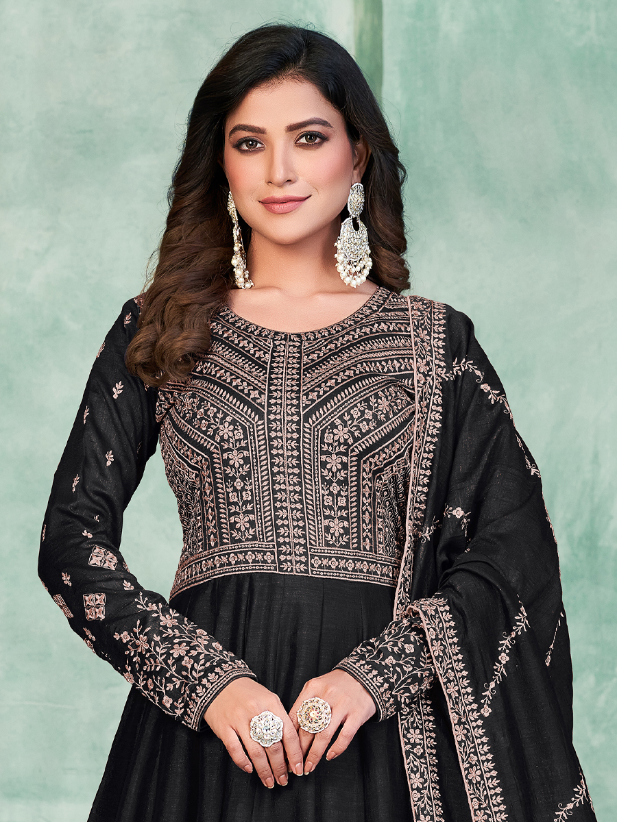 Black Art Silk Embroidered Festival Wedding Anarkali Salwar Kameez